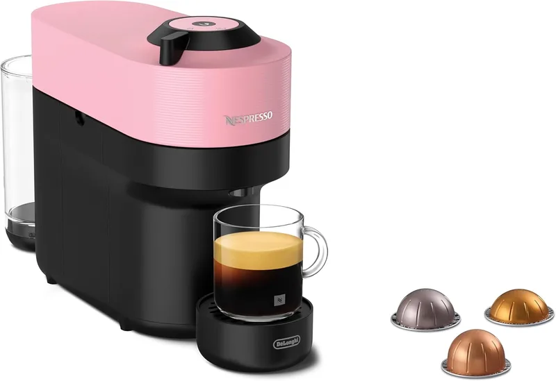 De'Longhi Nespresso Vertuo Pop - Máquina de café de cápsulas, tecnologia de centrifugação, 4 tamanhos de chávena, conjunto de 12 cápsulas incluídas, cor-de-rosa (ENV90.P)