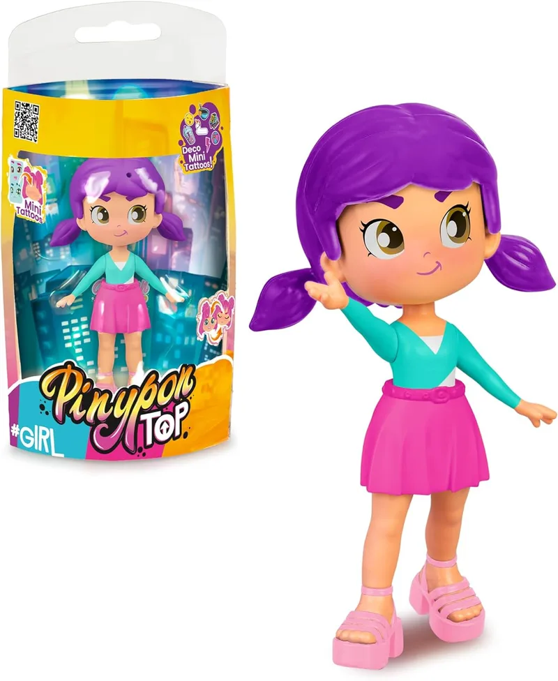 Pinypon TOP ▫️ Girls Purple, Menina TOP Violeta com look de street style, boneca de 11 cm com braços e pernas articulados, duas faces e roupa e sapatos intercambiáveis, a partir dos 4 anos, Famosa (PNN00400)