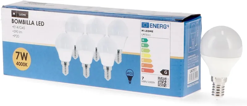M Ledme ▫️ Pack 6, Lâmpada Led E14 G45 7W, Luz Neutra (4000k), Base E14, 630 Lumen, IP20, Abertura do Feixe de Luz 200°, Eficiência Energética e Baixo Consumo de Energia. LM7607