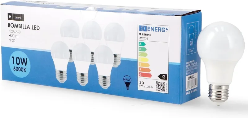 M Ledme ▫️ Pack 6, Lâmpada Led E27 A60 10W, Luz Fria (6000k), Base E27, 820 Lumen, IP20, Abertura do Feixe de Luz 200°, Eficiência Energética e Baixo Consumo de Energia. LM7610