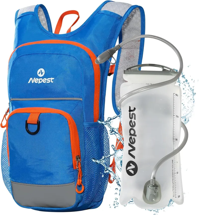 Nepest ▫️ Mochila infantil de hidratação, bolsa de água de 1,5 litros, garrafa respirável, com faixas refletoras e alças ajustáveis