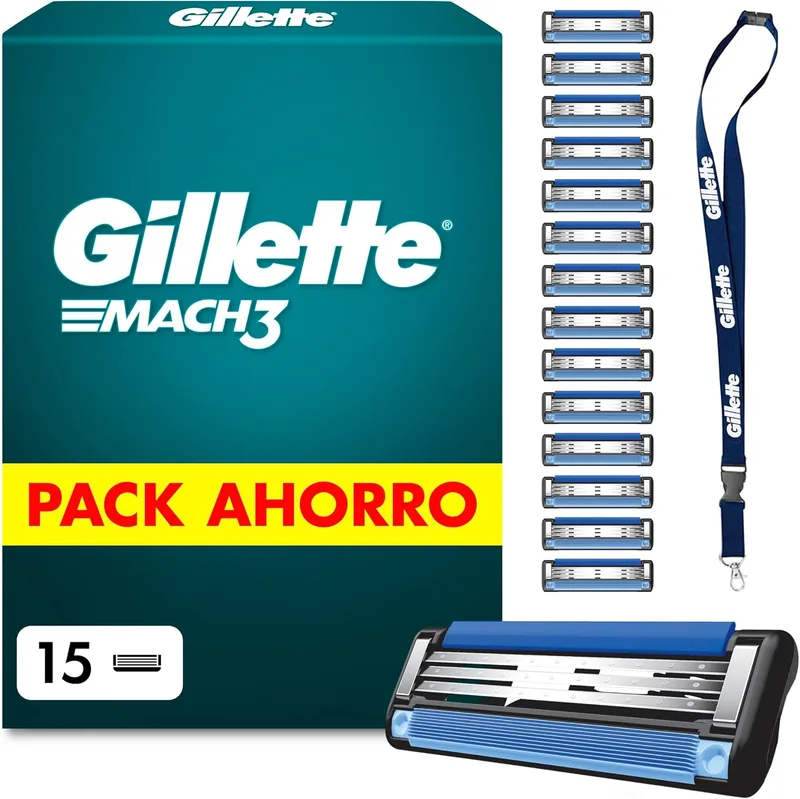 Gillette ▫️ Mach3 Base Lâminas de barbear para homem, embalagem de 15 + porta-lâminas
