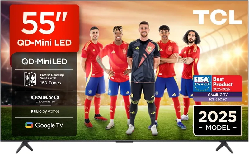 TCL 55Q6C TV Smart TV LED 4K QD-Mini de 55 polegadas, 1000 nits, Motion Clarity Pro de 144 Hz, Onkyo 2.1, Game Master, FreeSync, Google TV, Dolby Vision IQ e Atmos