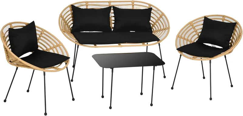 Outsunny ▫️ Conjunto de jardim exterior de rotim sintético com 4 peças Mobiliário de jardim exterior inclui 1 sofá duplo, 2 poltronas e mesa de vidro com almofadas Natural e preto