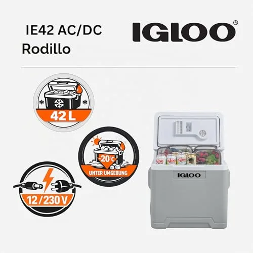 Igloo ▫️ IE42 Frigorífico Elétrico, 12 V e 230 V, 42 L – Mini-frigorífico compacto para carro, campismo, viagens, barco e festivais – com rodas, pega telescópica, compartimento para cabos e modo Eco/MAX 3