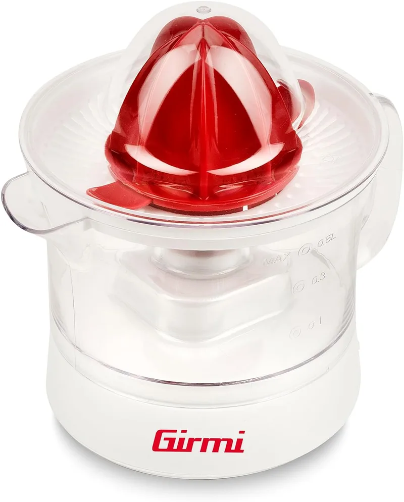 Girmi ▫️ Espremedor elétrico SR05, 25 W, capacidade de 500 ml, filtro de polpa, cone duplo de espremedura, totalmente desmontável e fácil de limpar, branco
