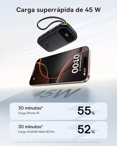 Baseus ▫️ Powerbank 45 W 20 000 mAh com 2 cabos USB-C integrados, Power Bank PD 3.0 QC 4.0, baterias externas de carregamento rápido, 3 C 1 A, carregador portátil para iPhone 17/16/15 Pro MAX, Samsung, Preto 2