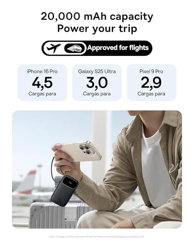 Baseus ▫️ Powerbank 45 W 20 000 mAh com 2 cabos USB-C integrados, Power Bank PD 3.0 QC 4.0, baterias externas de carregamento rápido, 3 C 1 A, carregador portátil para iPhone 17/16/15 Pro MAX, Samsung, Preto 3