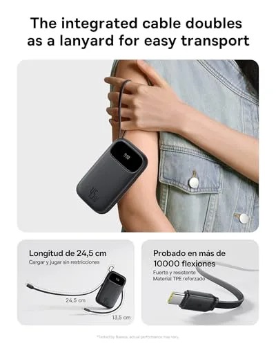 Baseus ▫️ Powerbank 45 W 20 000 mAh com 2 cabos USB-C integrados, Power Bank PD 3.0 QC 4.0, baterias externas de carregamento rápido, 3 C 1 A, carregador portátil para iPhone 17/16/15 Pro MAX, Samsung, Preto 4