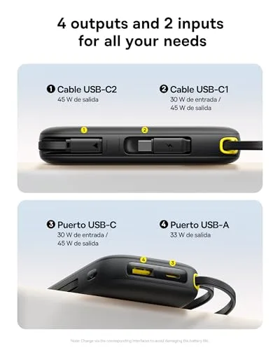 Baseus ▫️ Powerbank 45 W 20 000 mAh com 2 cabos USB-C integrados, Power Bank PD 3.0 QC 4.0, baterias externas de carregamento rápido, 3 C 1 A, carregador portátil para iPhone 17/16/15 Pro MAX, Samsung, Preto 5