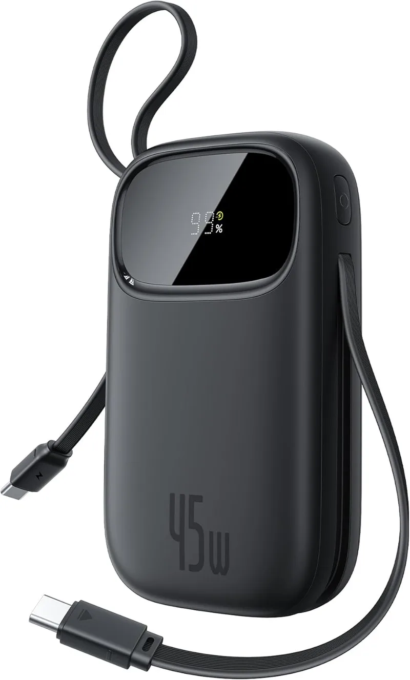 Baseus ▫️ Powerbank 45 W, 20 000 mAh com 2 cabos USB-C integrados, Powerbank PD 3.0 QC 4.0, baterias externas de carregamento rápido, 3 C 1 A, carregador portátil para iPhone 17/16/15 Pro MAX, Samsung, Preto