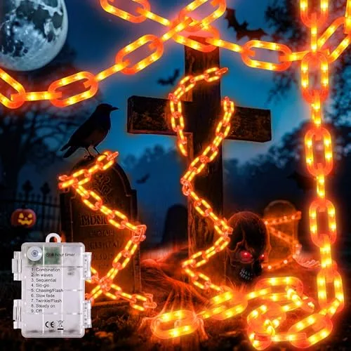 Joomer ▫️ Laranjas - Guirlanda de luzes de Halloween para exterior, alimentada a pilhas, 3 m, 160 LED 3