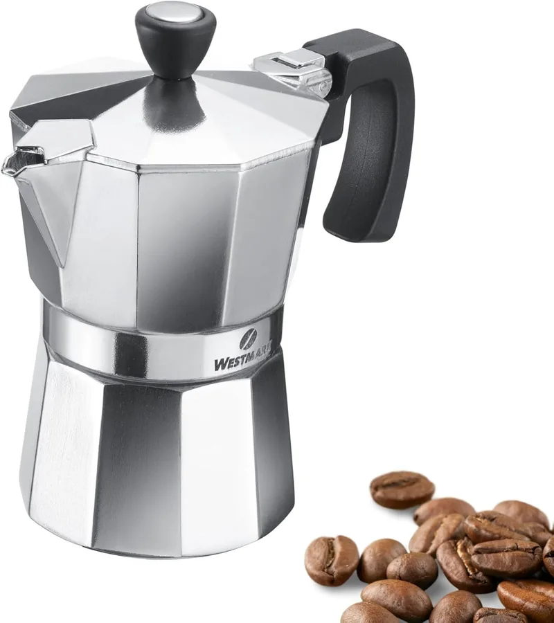 Westmark ▫️ Máquina de café expresso Classic Brasília, 1 peça, 3 chávenas, robusta, alumínio, para café aromático, Prata/Preto