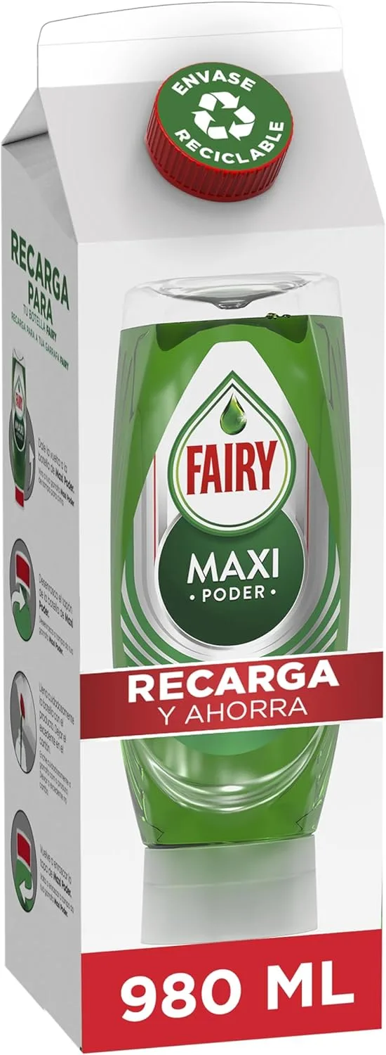 FAIRY ▫️ Maxi Power Refil Líquido para Lavar Louça 980 ML, fácil de encher, limpeza sem esforço, mesmo nas panelas e frigideiras mais gordurosas