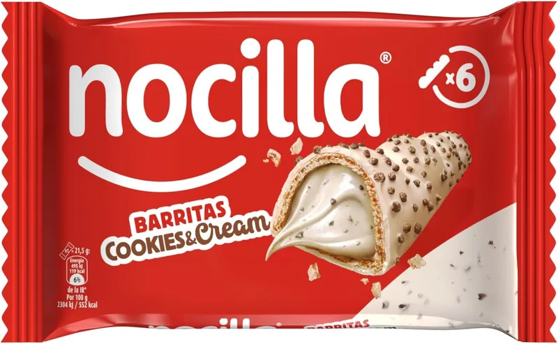 Nocilla ▫️ Cookies&Cream, com Creme de Leite e Avelã e Bolachas de Cacau, sem óleo de palma - Embalagem de 6 - 129g