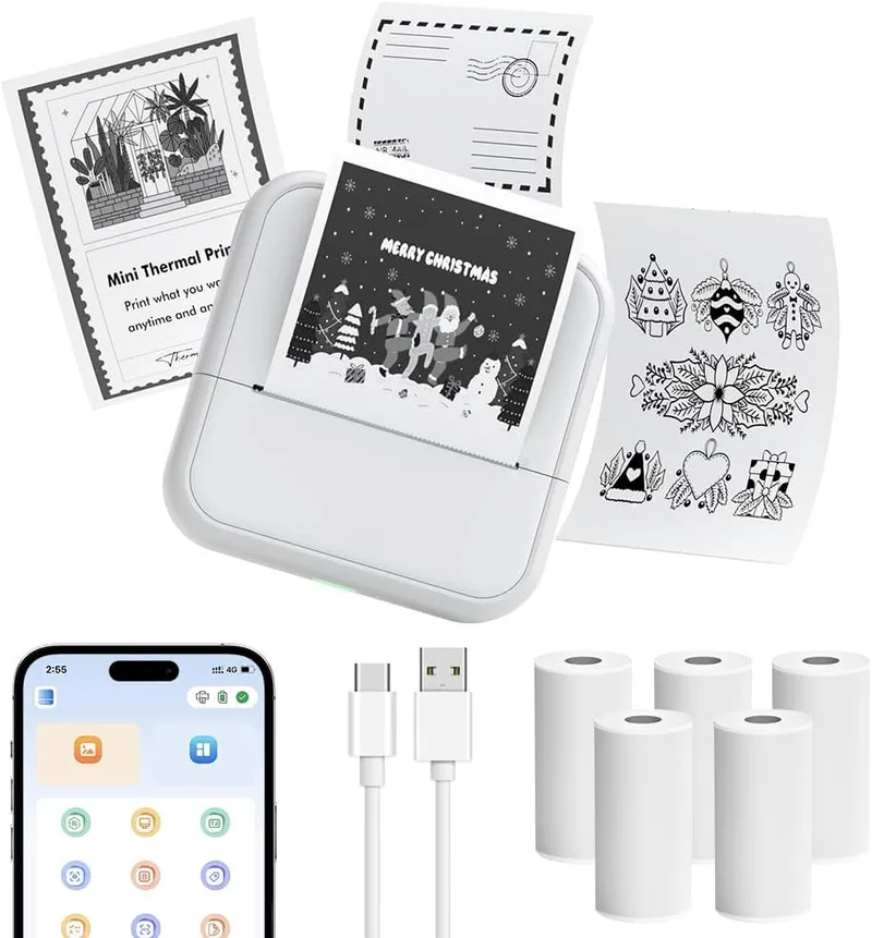 OFFCUP ▫️ Mini Impressora para Telemóvel, Impressora Fotográfica com 6 Rolos de Papel Térmico, Impressora Térmica Portátil sem Fios com Bluetooth, Impressora de Autocolantes para Telemóveis Android e iOS (Branca)