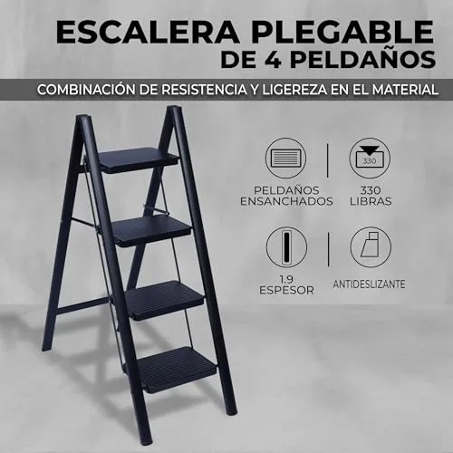 UZIRO ▫️ Escada dobrável de 4 degraus, escada decorativa, degraus largos antiderrapantes, ideal para uso doméstico, na cozinha e no escritório, fácil de guardar e transportar, resistente (preta, 4 degraus) 3