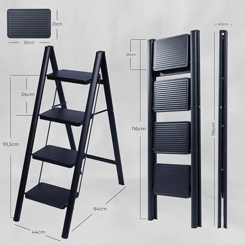 UZIRO ▫️ Escada dobrável de 4 degraus, escada decorativa, degraus largos antiderrapantes, ideal para uso doméstico, na cozinha e no escritório, fácil de guardar e transportar, resistente (preta, 4 degraus) 4