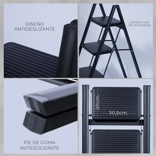 UZIRO ▫️ Escada dobrável de 4 degraus, escada decorativa, degraus largos antiderrapantes, ideal para uso doméstico, na cozinha e no escritório, fácil de guardar e transportar, resistente (preta, 4 degraus) 6