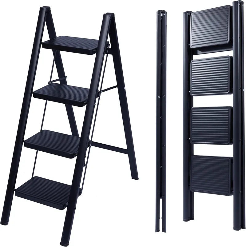 UZIRO ▫️ Escada dobrável de 4 degraus, escada decorativa, degraus largos antiderrapantes, ideal para uso doméstico, na cozinha e no escritório, fácil de guardar e transportar, resistente (preta, 4 degraus)