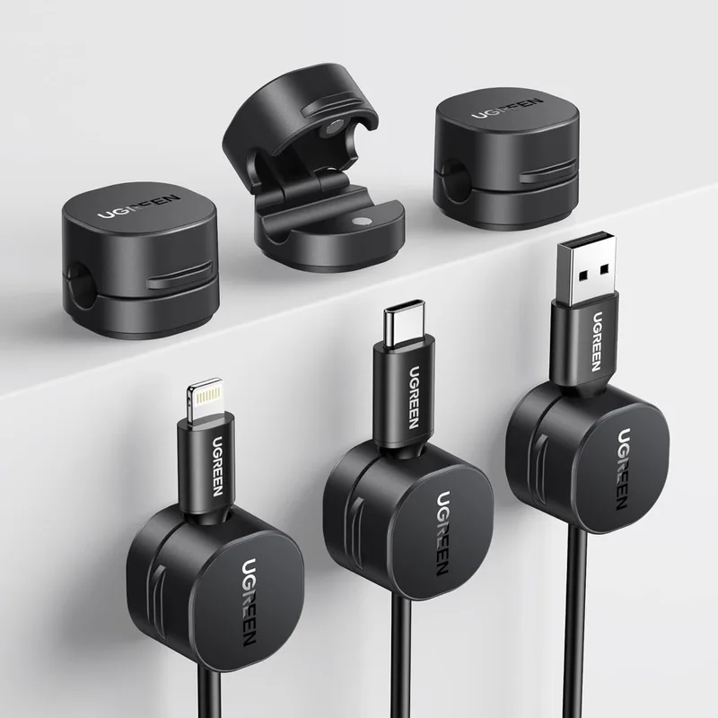 UGREEN ▫️ [6 peças] Clipe de cabo de mola com [91° de rotação] Organizador de cabos magnético autoadesivo sem resíduos para HDMI, USB, PC, TV, casa, escritório, (7,5 mm) - Preto
