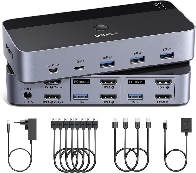 UGREEN ▫️ Switch KVM HDMI 2.0, 2 entradas, 2 saídas, 4K a 60 Hz. Switch KVM para 2 computadores com 4 portas USB de 5 Gbps para teclado, rato, disco rígido e controlador de ambiente de trabalho. Compatível com Windows, Linux e macOS