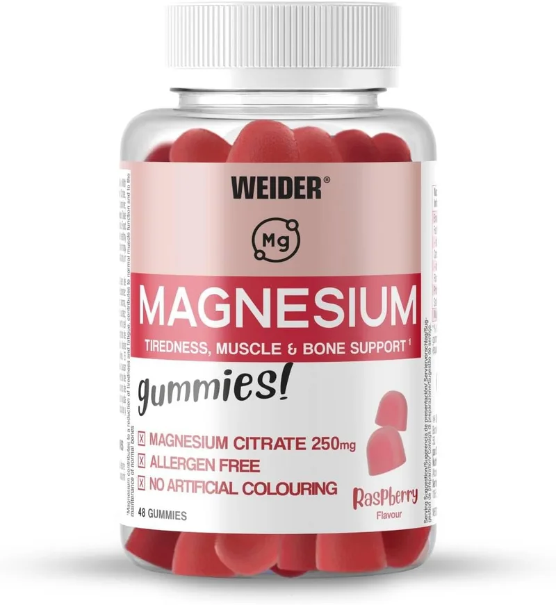 Weider ▫️ Magnesium Gummies (48 gomas) Sabor a framboesa, com 250mg de Citrato de Magnésio/dose, sem glúten, sem alergénios, sem corantes artificiais, para músculos e ossos, reduz o cansaço e a fadiga.
