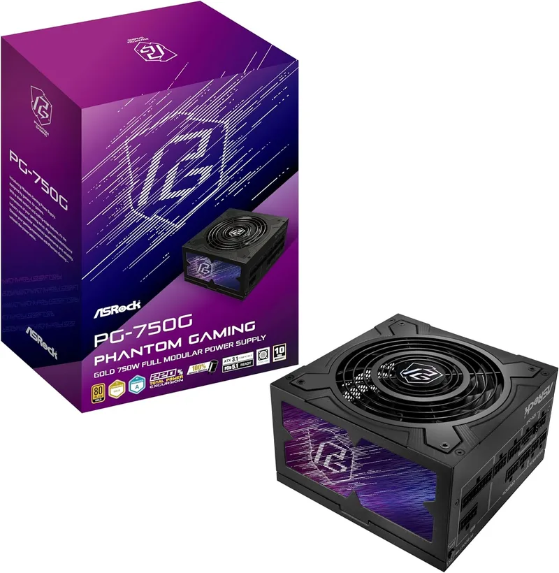 ASRock ▫️ Fonte de alimentação PG-750G, PSU, 750 W, 80 Plus Gold/A, 135 mm, modular, PCI-E 5.1 (12+4 pinos) x1, PCI-E (6+2 pinos) x3, SATA (5 pinos) x9