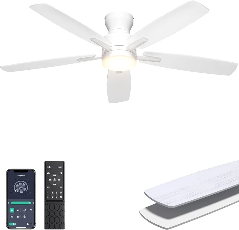 Ohniyou ▫️ Ventilador de Teto de 132 cm com Luz Silenciosa, Controlo Remoto/APP, Luz Regulável, Ventiladores de Teto Reversíveis Modernos para Quarto, Sala de Estar, Terraço, Interior e Exterior, Branco