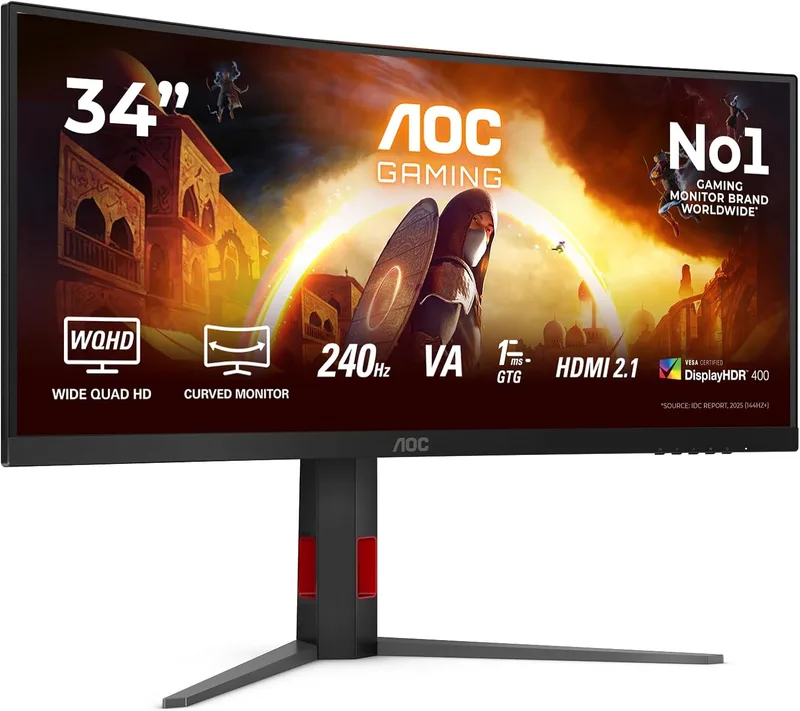 AOC ▫️ Monitor de jogos CU34G4Z de 34 polegadas, 240 Hz, painel Fast VA, 1 ms GtG, HDR400, altura ajustável, (3440x1440, 2 portas HDMI 2.1, 1 porta DP 1.4, hub USB), preto