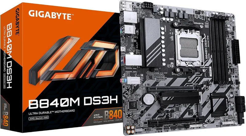 Gigabyte Technology ▫️ Placa-mãe GIGABYTE B840M DS3H - Processadores AMD Ryzen 9000, VRM de 8+2+2 fases, até 8200 MHz DDR5, 2x PCIe 4.0 M.2, LAN 2,5 GbE, USB 3.2 Gen 1