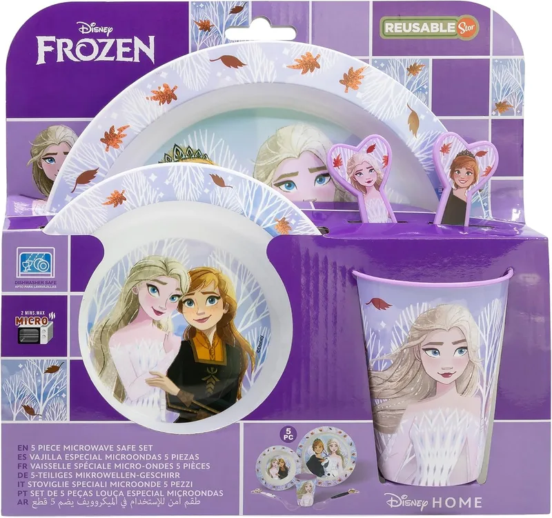 Stor ▫️ CONJUNTO DE 5 PEÇAS (PRATO, TIGELA, COPO E TALHERES) NA EMBALAGEM «FROZEN AUTUM LEAVES»