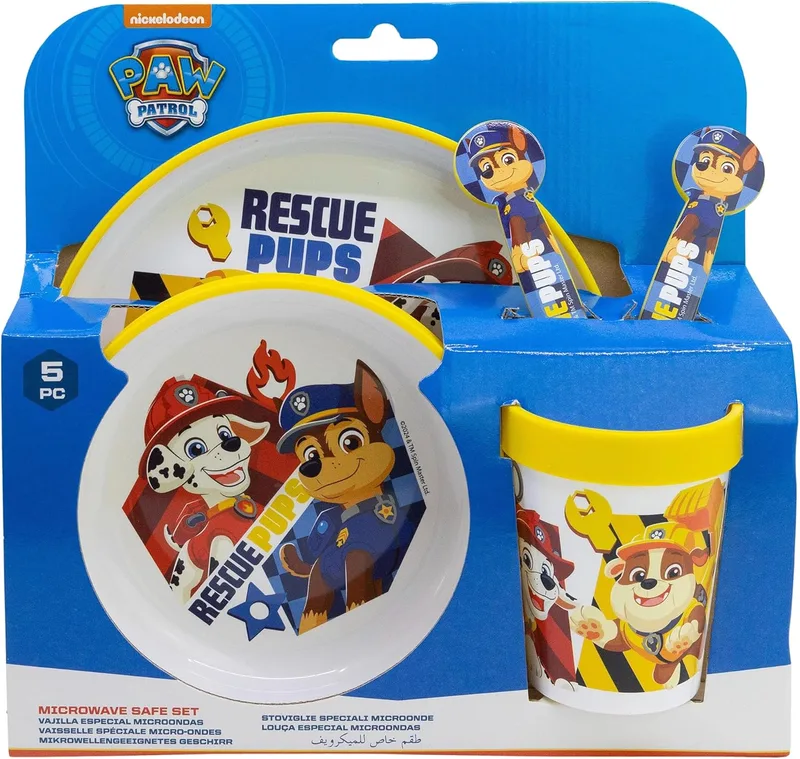 Stor ▫️ CONJUNTO 5 PEÇAS ANTIDERRAPANTES (PRATO, TIGELA, COPO E TALHERES) BICOLOR PREMIUM EM CAIXA FILHOTES DE PATRULHA DA PATA