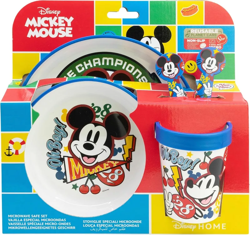Stor ▫️ CONJUNTO DE 5 PEÇAS ANTIDERRAPANTE (PRATO, TIGELA, COPO E TALHERES) PREMIUM BICOLOR EM CAIXA MICKEY TRUE CHAMPIONS
