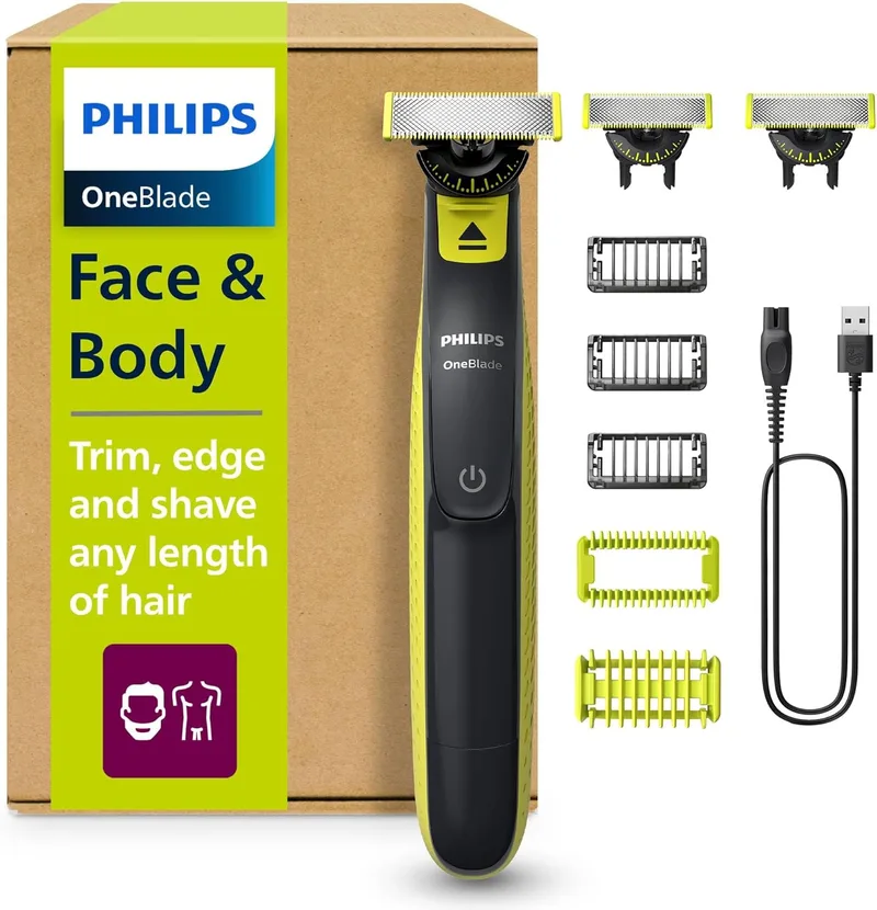 PHILIPS ▫️ OneBlade 360 Auténtico Barbeiro, máquina de barbear e aparador elétrico para rosto e corpo, 3 conjuntos de lâminas 360, 3 pentes para barba por fazer (1, 3, 5 mm), 1 kit para o corpo, QP2824/31