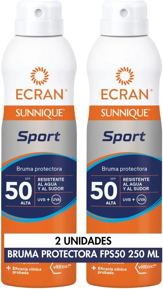 Ecran ▫️ Sunnique Sport - Névoa protetora solar SFP 50, alta proteção UVB, UVA, arrefecimento instantâneo, reforça as defesas, muito resistente à água, para todos os tipos de pele - Embalagem 2 x 250 ml