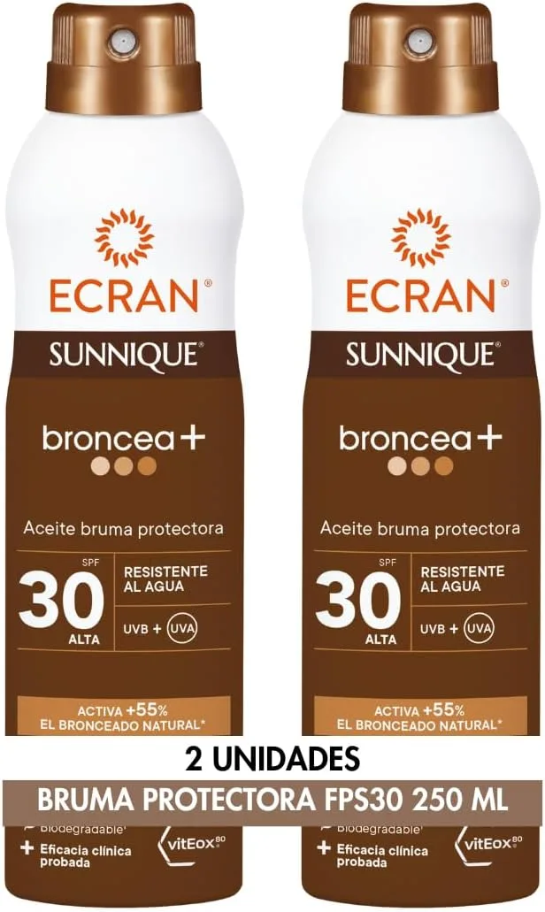 Ecran ▫️ Sunnique - Bruma Protetora com Óleo FPS 30, Proteção UVB + UVA e IR-A, Resistente à Água, com Tecnologia Pure Bronze e VitEox 80, Estimula o Bronzeado Natural, Sem Autobronzeador - 2 x 250 ml
