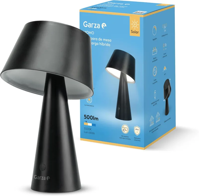 Garza ▫️ Candeeiro Solar LED para Exterior 500 lm, 3000 K, Regulável – Carregamento Solar e USB-C, 4 Modos, IP44, 26 h de autonomia, para uso interior e exterior
