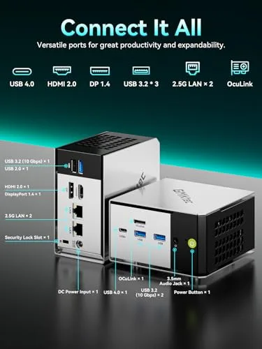 GMKtec ▫️ Mini PC, Computador de secretária M8 com AMD Ryzen 5 PRO 6650H (Beat 7430U 6C/12T 4,50 GHz)Mini-computador, dupla LAN 2,5 GbE, 16 GB de RAM DDR5 a 6400 MHz + 12 GB de SSD PCIe NVMe/Oculink/USB4/HDMI/USB-C/Micro PC 5