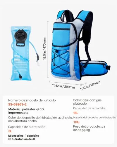 VEVOR ▫️ Mochila de hidratação isolada de 15 L com bolsa de água em TPU de 3 L, Mochila para corrida, caminhadas, ciclismo e viagens, preta, para homem e mulher, 470 x 290 x 130 mm 7