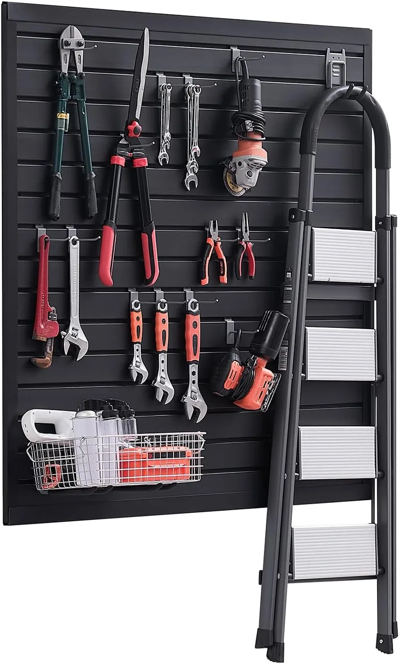 VEVOR ▫️ Painéis de parede de ripas 1230 x 1235 x 20 mm, design modular Painel de parede de ripas de PVC para garagem com estrutura de encaixe e corte DIY para armazenamento e exposição, preto