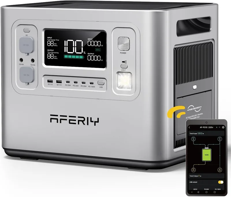 AFERIY ▫️ Gerador elétrico portátil de 2400 W, bateria portátil de 2048 Wh, carregamento rápido em 1,5 h, Tomada UE 220-240 V, Controlo através de aplicação, 7 anos de garantia, Gerador elétrico solar compatível