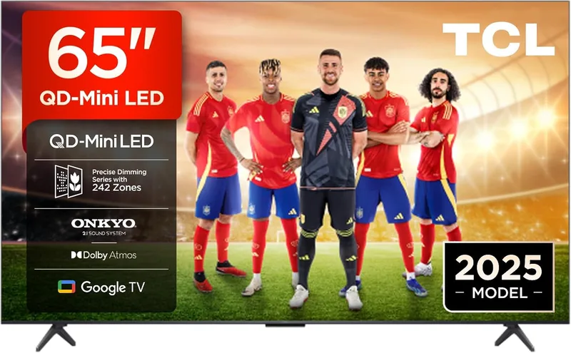 TCL ▫️ 65Q6C, televisor LED QD-Mini de 65'', 4K HDR Premium 1000nits, equipado com Google TV (Dolby Vision IQ e Atmos, sistema de som Onkyo 2.1, Motion Clarity Pro 144Hz, controlo por voz)