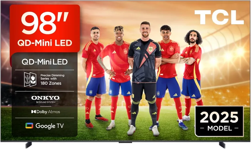 TCL 98Q6C TV Smart TV LED 4K QD-Mini de 98 polegadas, 1000 nits, Motion Clarity Pro de 144 Hz, Onkyo 2.1, Game Master, FreeSync, Google TV, Dolby Vision IQ e Atmos