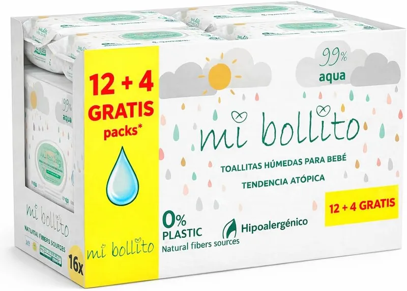 mi bollito ▫️ Toalhitas para bebés 99% Aqua Pure, 100% fibras vegetais, 960 toalhitas, 16 embalagens, pH neutro, pele sensível e atópica, sem perfume, adequadas para recém-nascidos