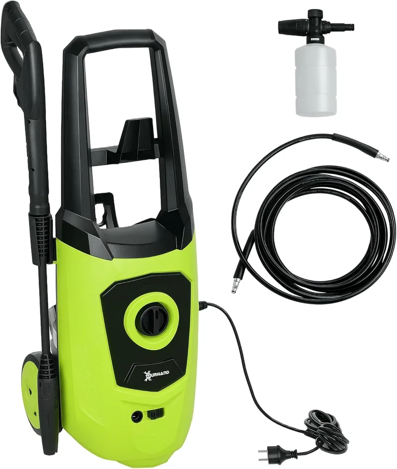 DURHAND ▫️ Máquina de limpeza de alta pressão 1800W Saída 510 L/h com bomba de alumínio Paragem automática 150 Bar Pressão Mangueira de 6m Inclui frasco de sabão Bocal de escova verde e preto