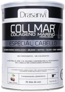 Drasanvi ▫️ Collmar Cabelo Cereja 350 g | Colagénio Marinho Hidrolisado 5000 mg + Queratina + Biotina + Zinco + Silício | Cuidados para Cabelo Fino e Fraco | Fornecimento para 35 Dias