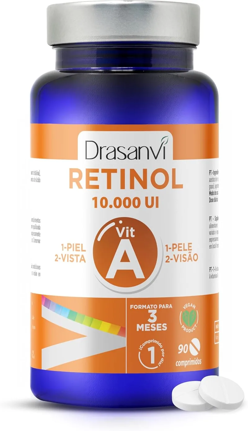 Drasanvi ▫️ Vitamina A Retinol 10.000 UI | 90 Comprimidos | 3000 µg | Pele luminosa e visão normal | Antioxidante e renovador celular | Suplemento alimentar vegan | Entrega em 3 meses