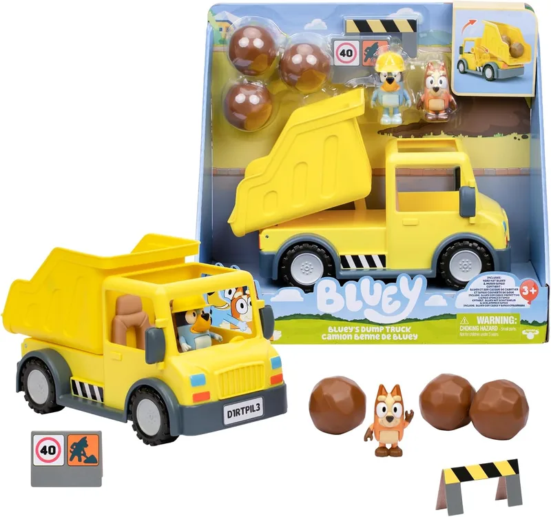 Camião basculante Bluey, camião do lixo, inclui figura de um homem, inclui autocolantes, 2 alertas e 3 pedras de plástico para a sua aventura, Famosa (BLY96000)