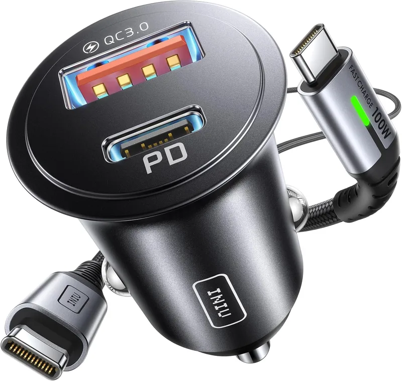 INIU ▫️ Carregador para automóvel Carregamento rápido, 60W total [USB C 30W+USB A 30W] Carregador para automóvel PD & QC3.0+ Cabo [1m] 100W, Carregador de isqueiro para automóvel USB C para iPhone 16 15 14 Pro MAX iPad Samsung S25 Huawei LG
